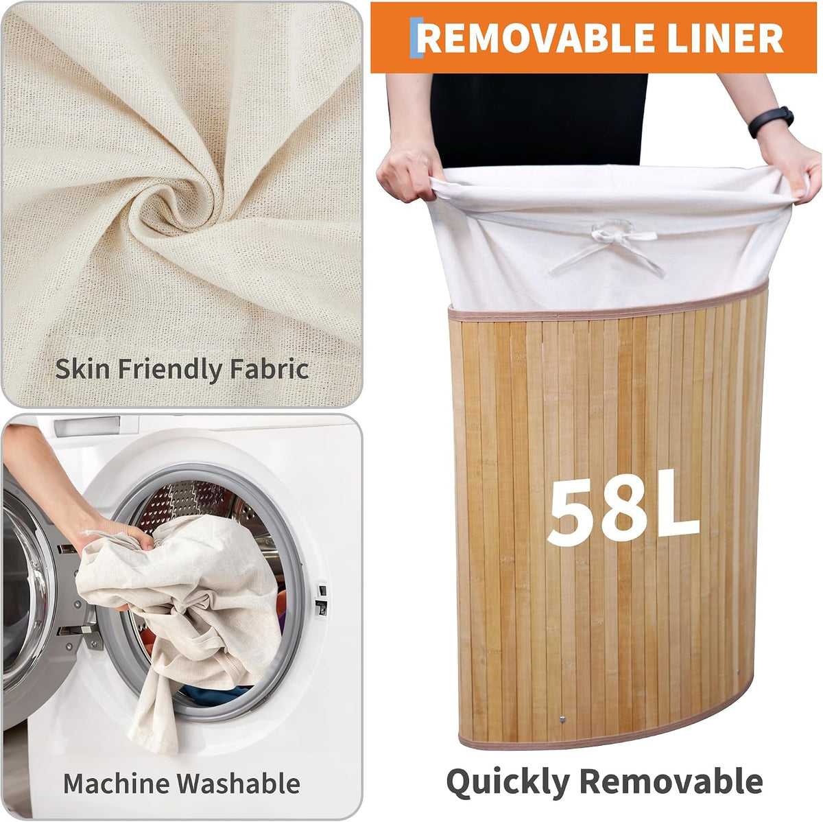 Bamboo Laundry Hamper Large 58L with Removable 2-Section Liner, Foldable Storage Basket with Lid and Handles for Bedroom, Laundry Room, Small Spaces – Natural - Triangle