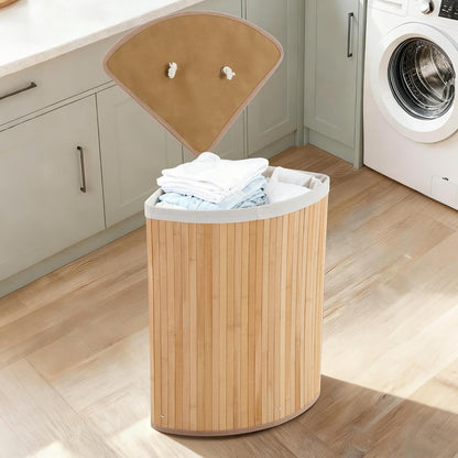 Bamboo Laundry Hamper Large 58L with Removable 2-Section Liner, Foldable Storage Basket with Lid and Handles for Bedroom, Laundry Room, Small Spaces – Natural - Triangle