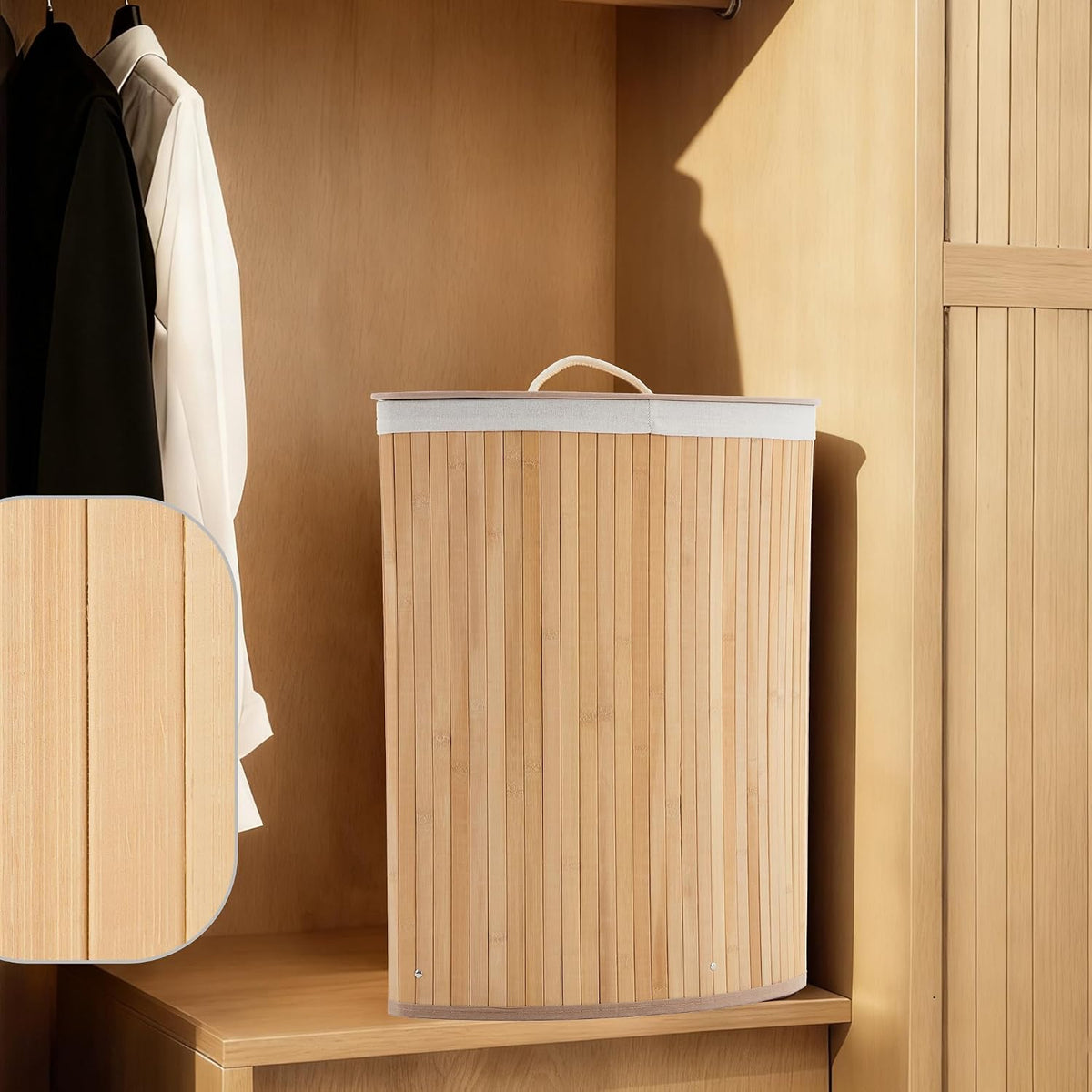 Bamboo Laundry Hamper Large 58L with Removable 2-Section Liner, Foldable Storage Basket with Lid and Handles for Bedroom, Laundry Room, Small Spaces – Natural - Triangle