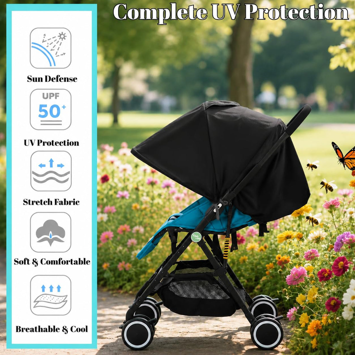 Baby Stroller Sun Shade - Waterproof UPF50+ Blackout Cover | Lightweight Lycra with Ventilated Mesh | Fits Infant Car Seat, Buggy, Bassinet, Carrycot, Numbers
