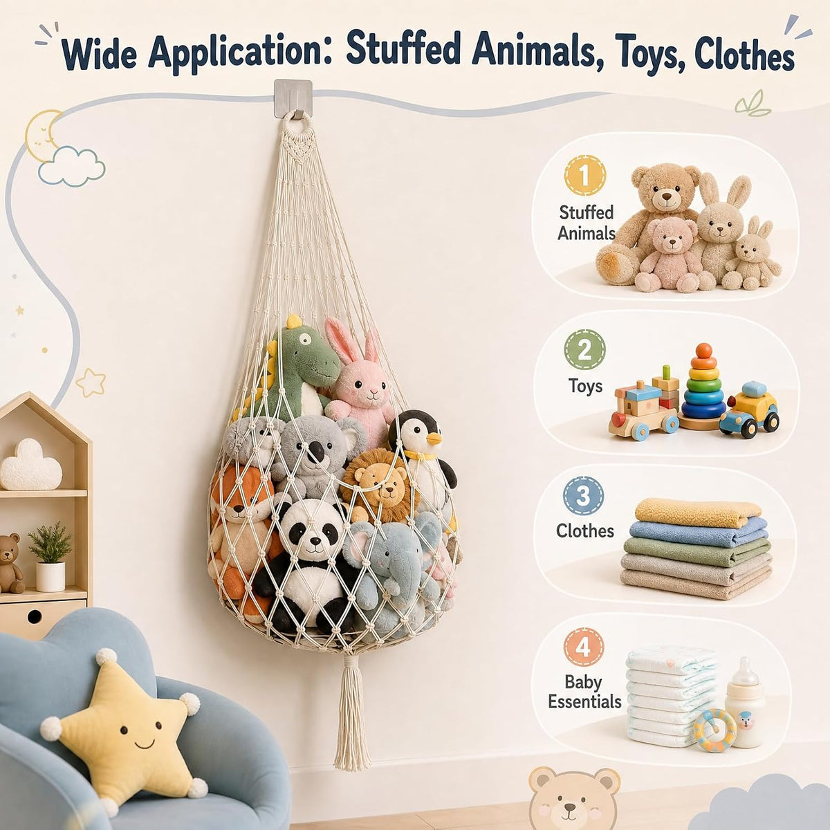 Corner Hanging Toy Hammock, Large Stuffed Animal Storage Net for Kids Room, Boho Nursery Decor, Easy Install with Hooks, Holds 100+ Plushies, Soft Cotton Rope, off white