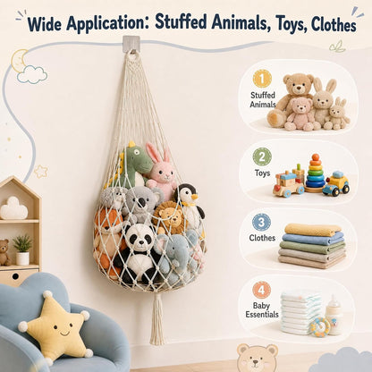 Corner Hanging Toy Hammock, Large Stuffed Animal Storage Net for Kids Room, Boho Nursery Decor, Easy Install with Hooks, Holds 100+ Plushies, Soft Cotton Rope, off white