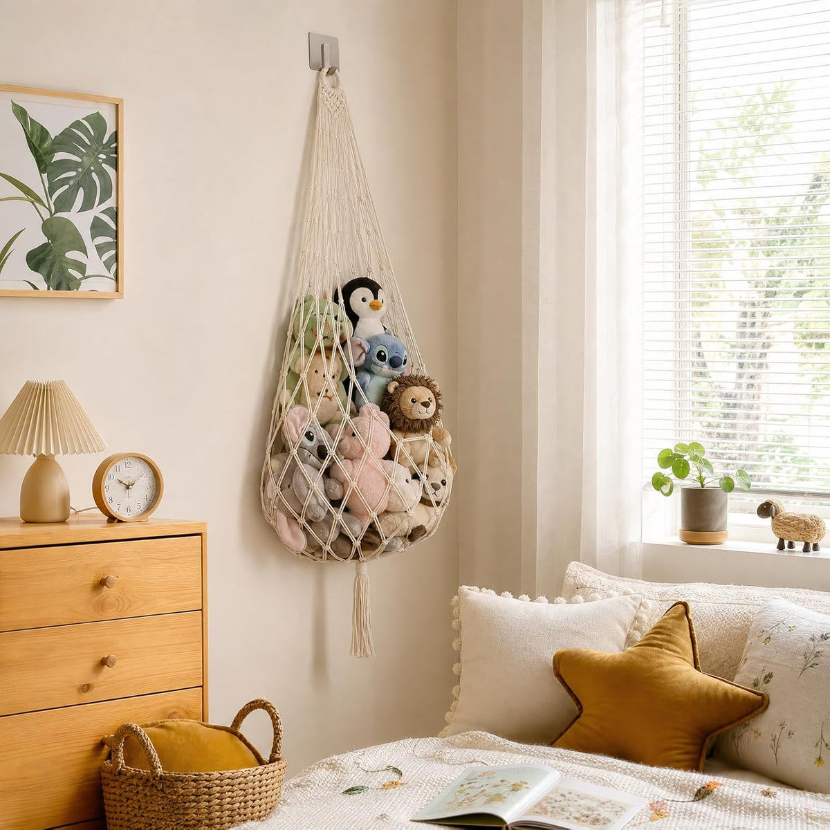 Corner Hanging Toy Hammock, Large Stuffed Animal Storage Net for Kids Room, Boho Nursery Decor, Easy Install with Hooks, Holds 100+ Plushies, Soft Cotton Rope, off white