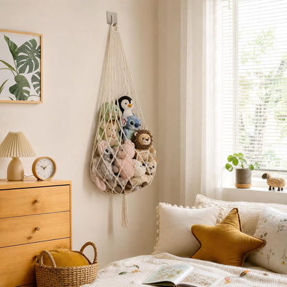 Corner Hanging Toy Hammock, Large Stuffed Animal Storage Net for Kids Room, Boho Nursery Decor, Easy Install with Hooks, Holds 100+ Plushies, Soft Cotton Rope, off white