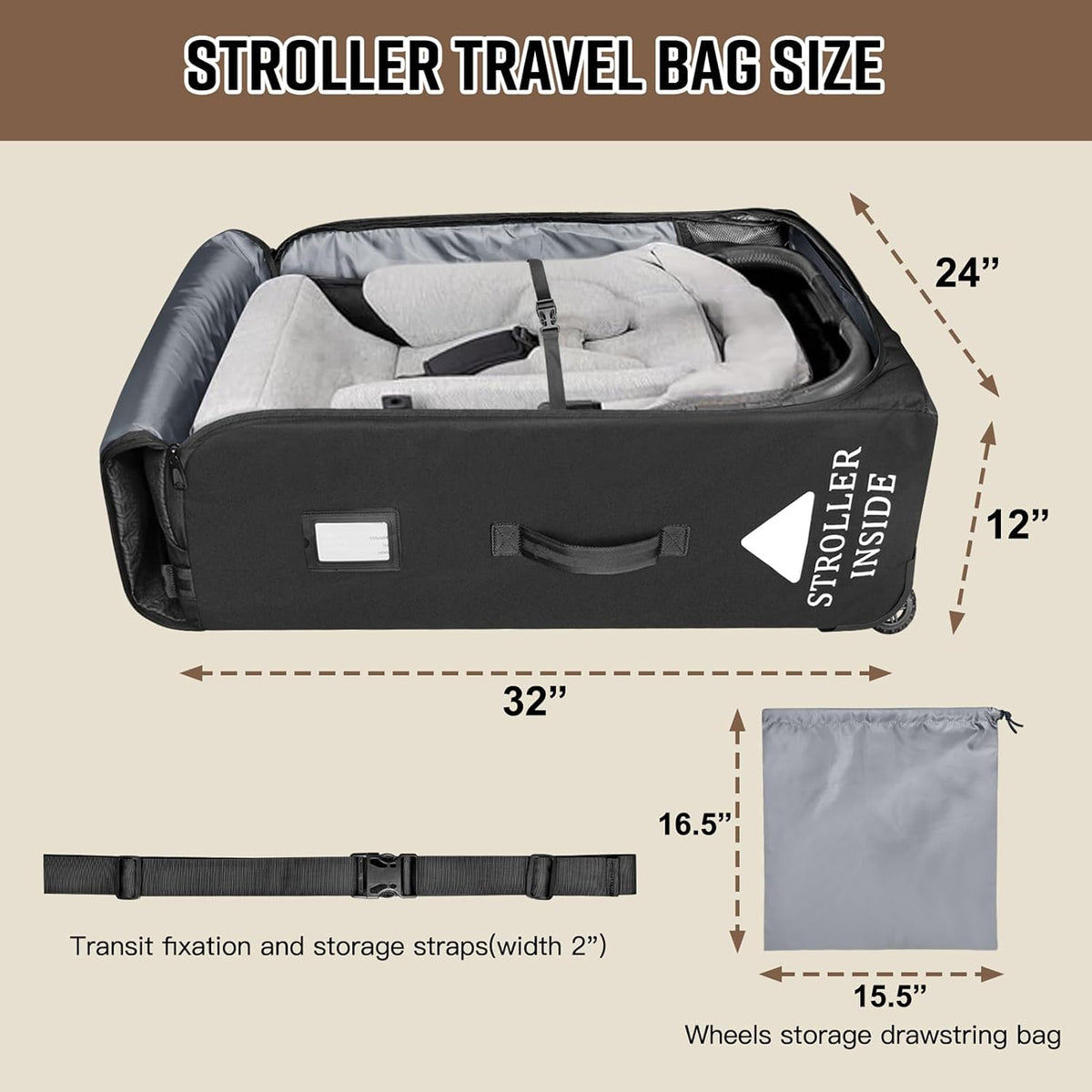 Padded Stroller Travel Bag for Airplane with Wheels