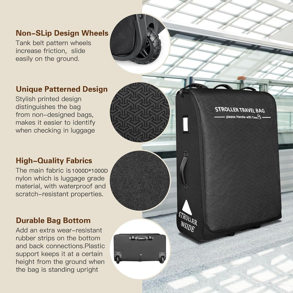 Padded Stroller Travel Bag for Airplane with Wheels