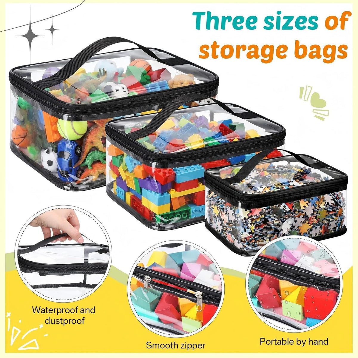 9 Pack 3 Sizes Toy Storage Bags with Labels, Clear PVC Reusable Board Game Storage Containers, Waterproof Toy Organizer Case with Zipper for Building Blocks, Puzzles, Stationery (Black)