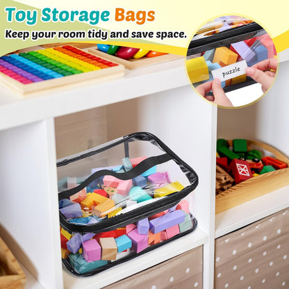 9 Pack 3 Sizes Toy Storage Bags with Labels, Clear PVC Reusable Board Game Storage Containers, Waterproof Toy Organizer Case with Zipper for Building Blocks, Puzzles, Stationery (Black)