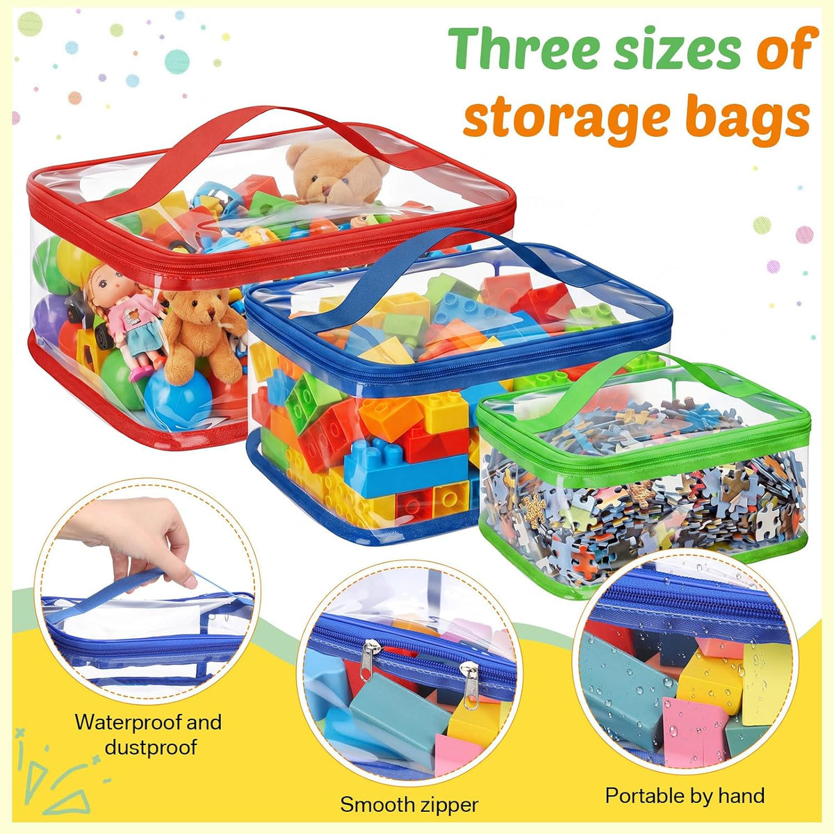 9 Pack 3 Sizes Toy Storage Bags with Labels, Clear PVC Reusable Board Game Storage Containers, Waterproof Toy Organizer Case with Zipper for Building Blocks, Puzzles, Stationery (Black)