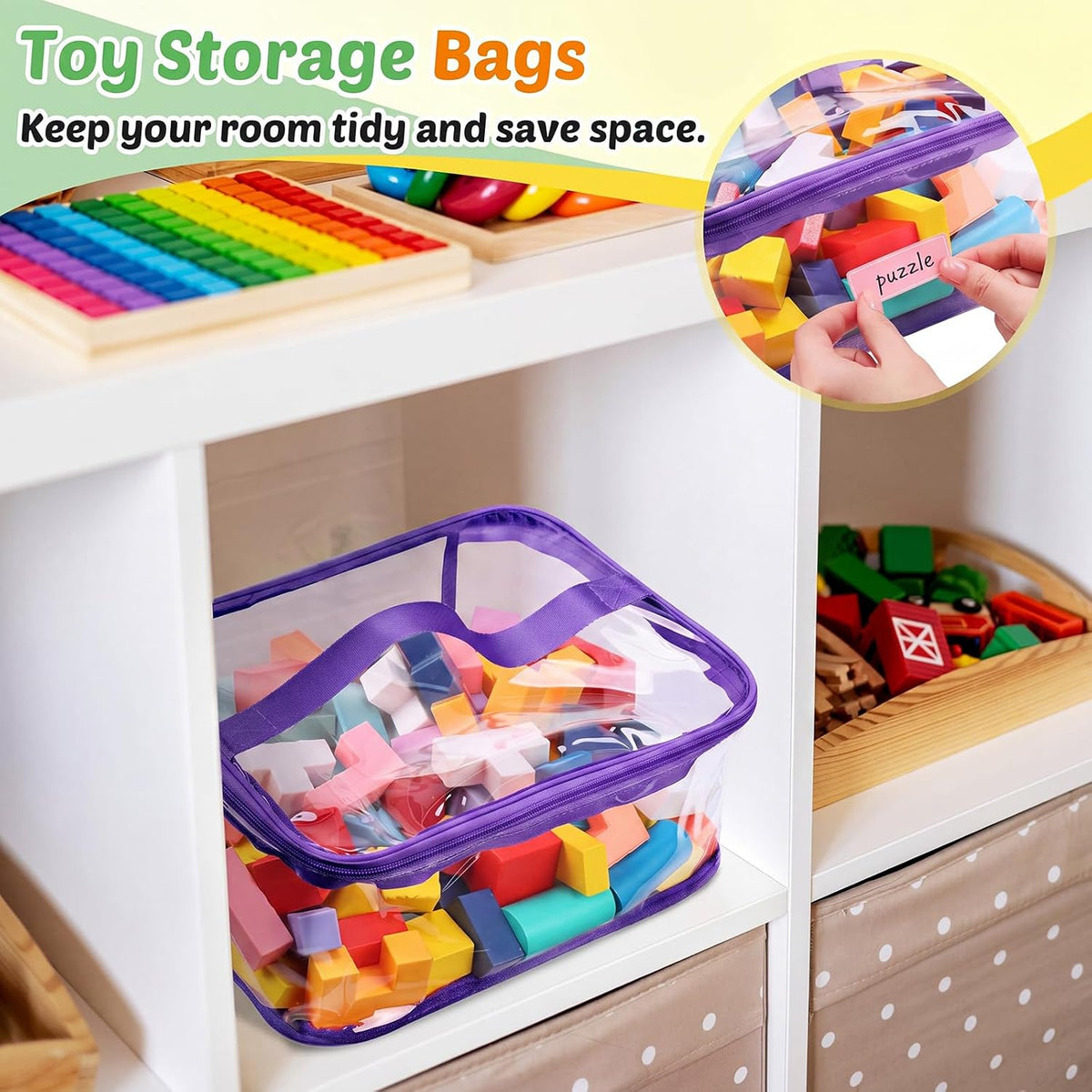 9 Pack 3 Sizes Toy Storage Bags with Labels, Clear PVC Reusable Board Game Storage Containers, Waterproof Toy Organizer Case with Zipper for Building Blocks, Puzzles, Stationery (Black)