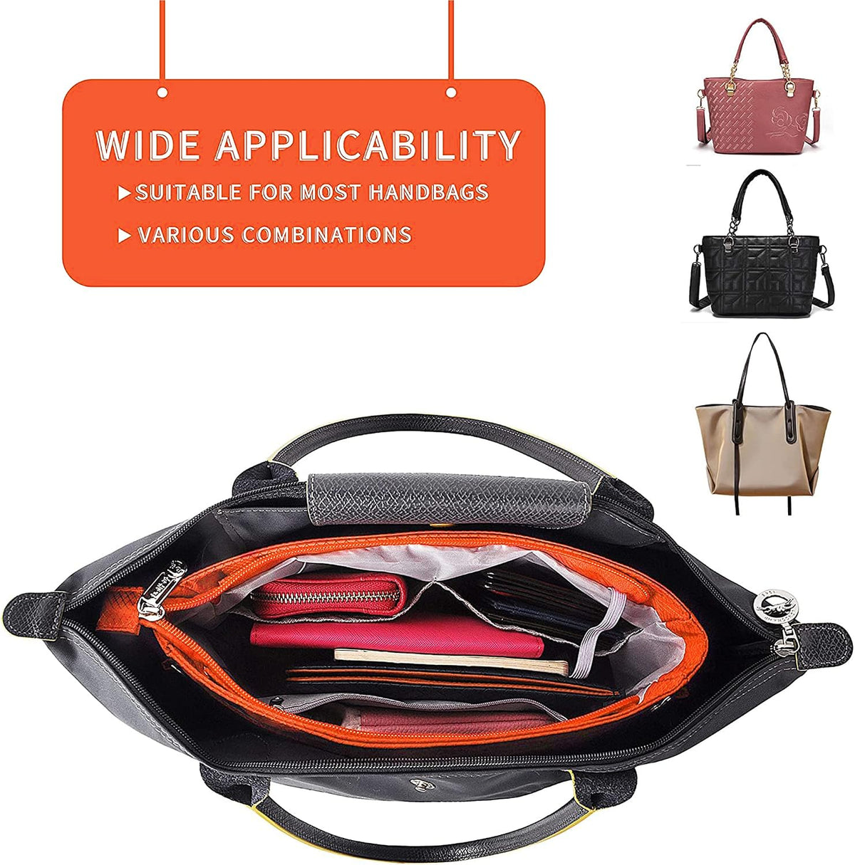 Expandable Nylon Handbag Purse Organizer Insert Liner Shaper Bag in Bag Beige Grey XLarge