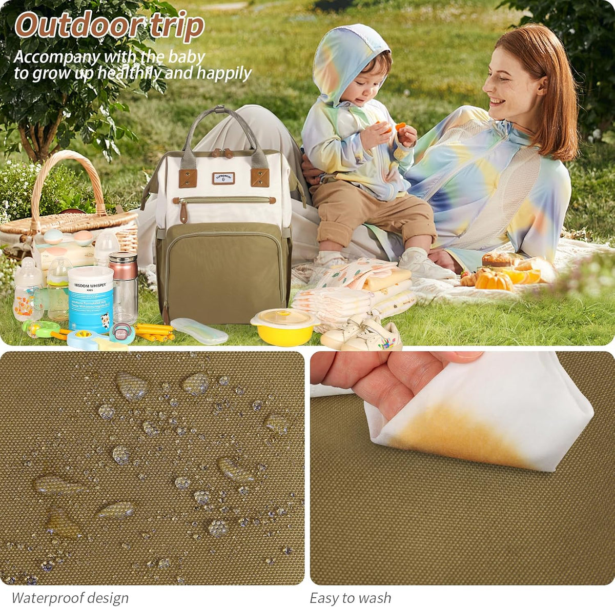 Diaper Bag Backpack: Tote Baby Bag for Boy and Girl, Large Mommy Bag Insulated Pockets Charger Holes for Men and Women, Nappy Bag for Baby Airplane Traveing Beige khaki