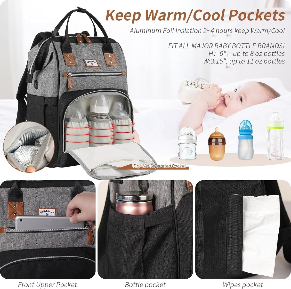 Diaper Bag Backpack: Tote Baby Bag for Boy and Girl, Large Mommy Bag Insulated Pockets Charger Holes for Men and Women, Nappy Bag for Baby Airplane Traveing Beige khaki