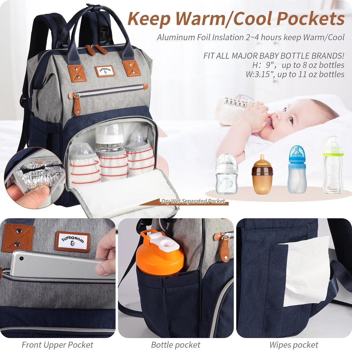 Diaper Bag Backpack: Tote Baby Bag for Boy and Girl, Large Mommy Bag Insulated Pockets Charger Holes for Men and Women, Nappy Bag for Baby Airplane Traveing Beige khaki
