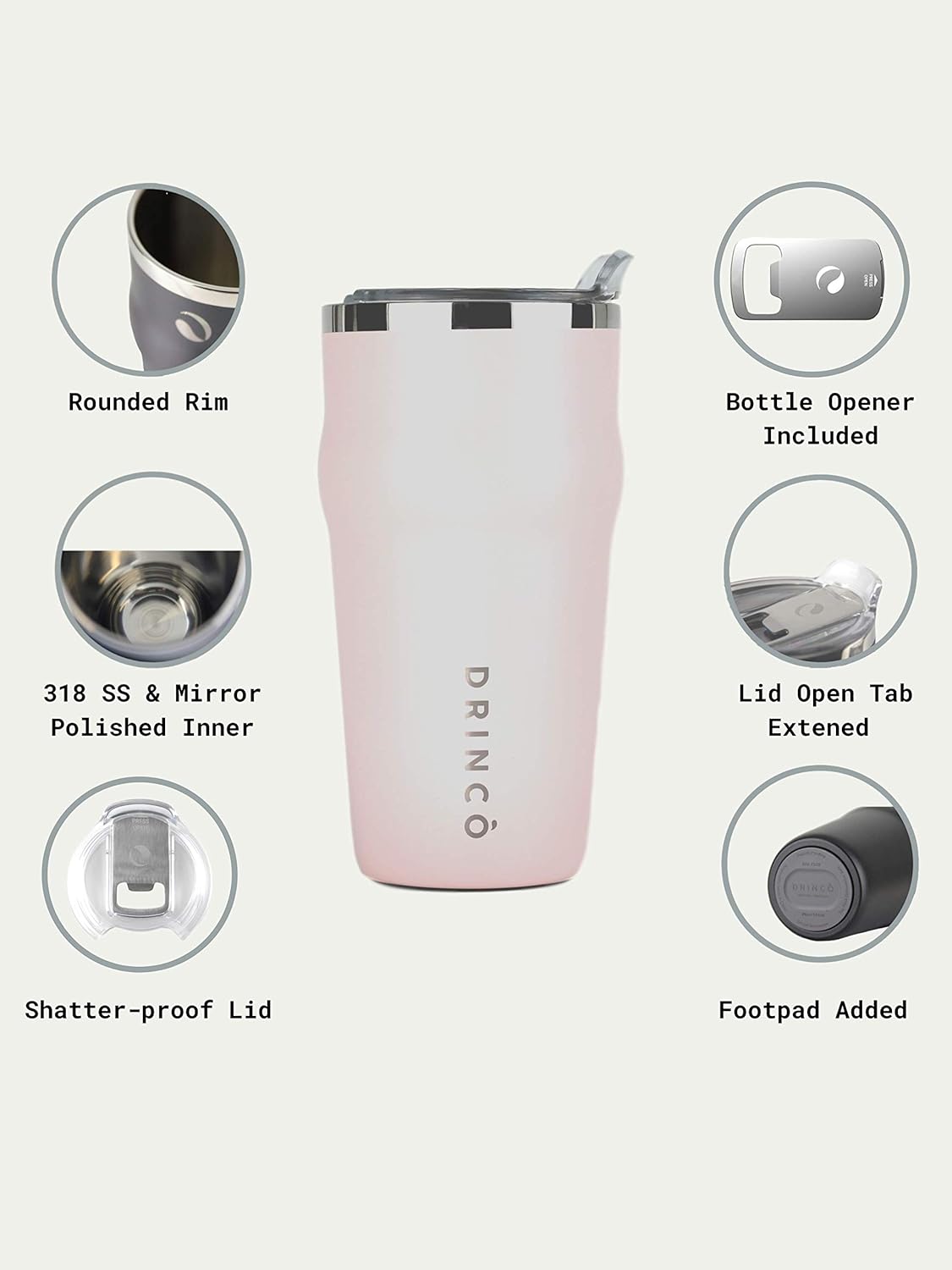 20oz Stainless Steel Tumbler, Vacuum Insulated Tumbler Pint Glass Beer Mug with Built-in Bottle Opener, THOR (20oz Beer Tumbler, Pale Pink)