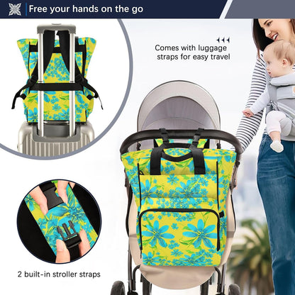 Diaper Bag Backpack, Multifunction Travel Bag for Moms Dads, Baby Changing Bag with Insulted Pockets, Stroller Straps and Side Bottle Pockets Sunny Bluebell Pattern