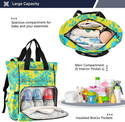 Diaper Bag Backpack, Multifunction Travel Bag for Moms Dads, Baby Changing Bag with Insulted Pockets, Stroller Straps and Side Bottle Pockets Sunny Bluebell Pattern