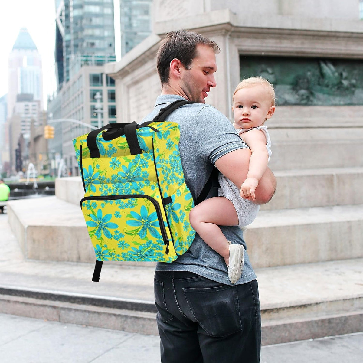 Diaper Bag Backpack, Multifunction Travel Bag for Moms Dads, Baby Changing Bag with Insulted Pockets, Stroller Straps and Side Bottle Pockets Sunny Bluebell Pattern
