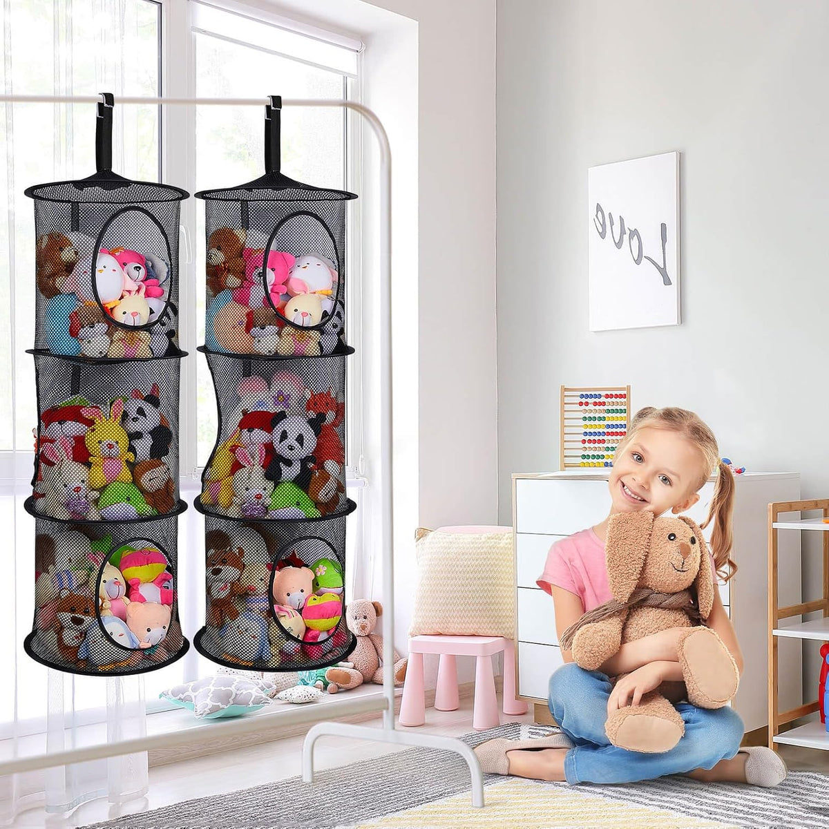 Hanging Stuffed Animals Storage, 2 Pack Mesh Plush Storage, 3-Tier