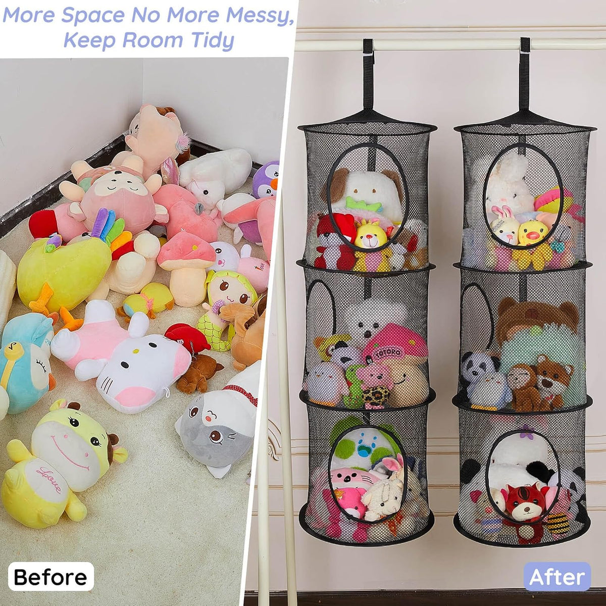 Hanging Stuffed Animals Storage, 2 Pack Mesh Plush Storage, 3-Tier