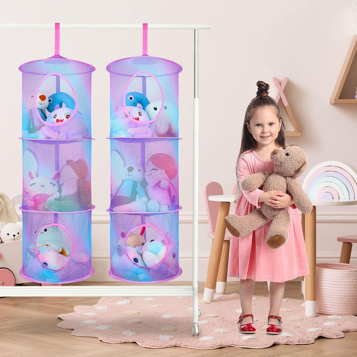 Hanging Stuffed Animals Storage, 2 Pack Mesh Plush Storage, 3-Tier