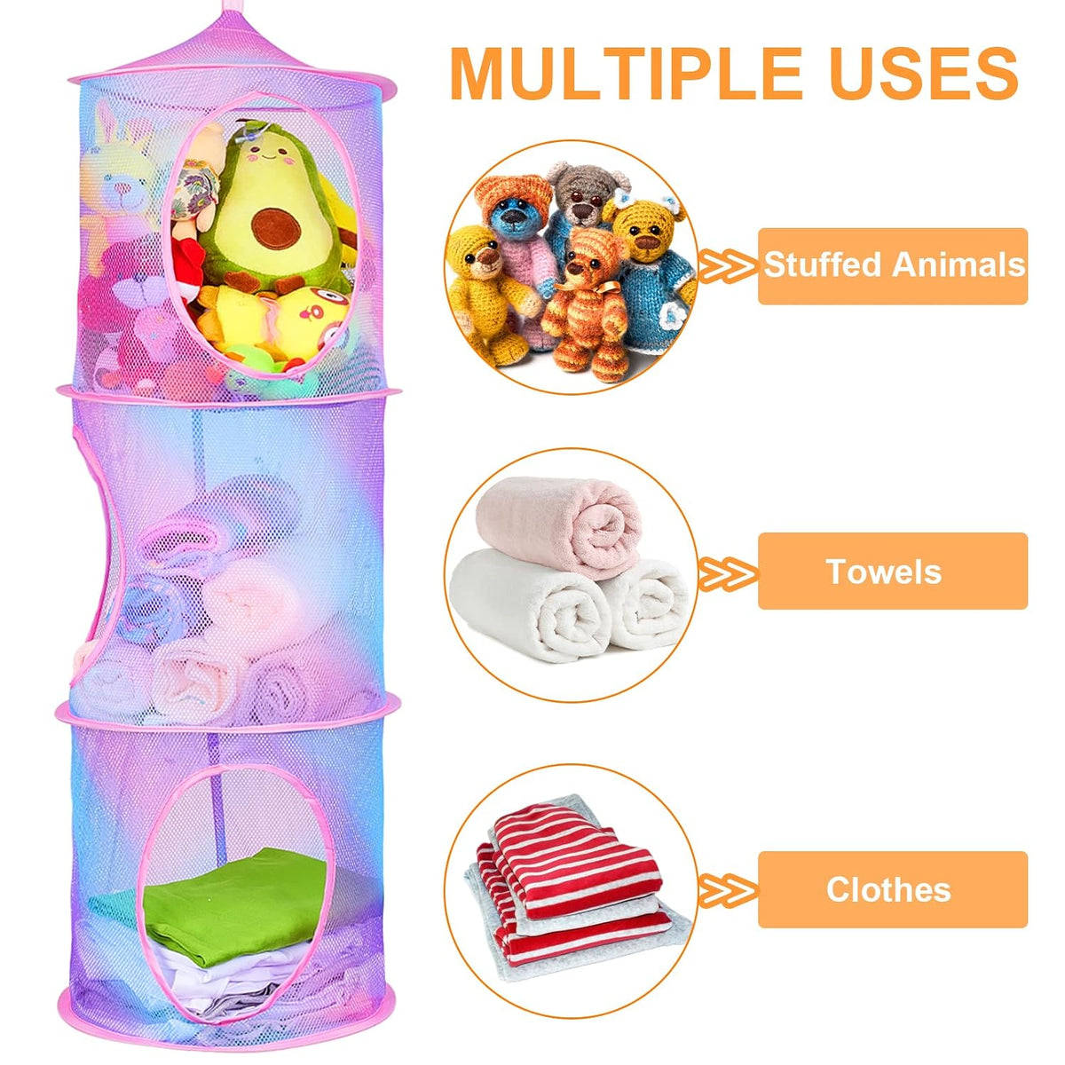 Hanging Stuffed Animals Storage, 2 Pack Mesh Plush Storage, 3-Tier