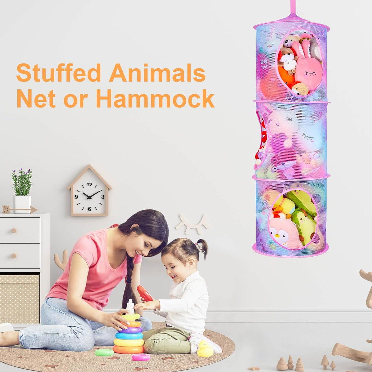 Hanging Stuffed Animals Storage, 2 Pack Mesh Plush Storage, 3-Tier