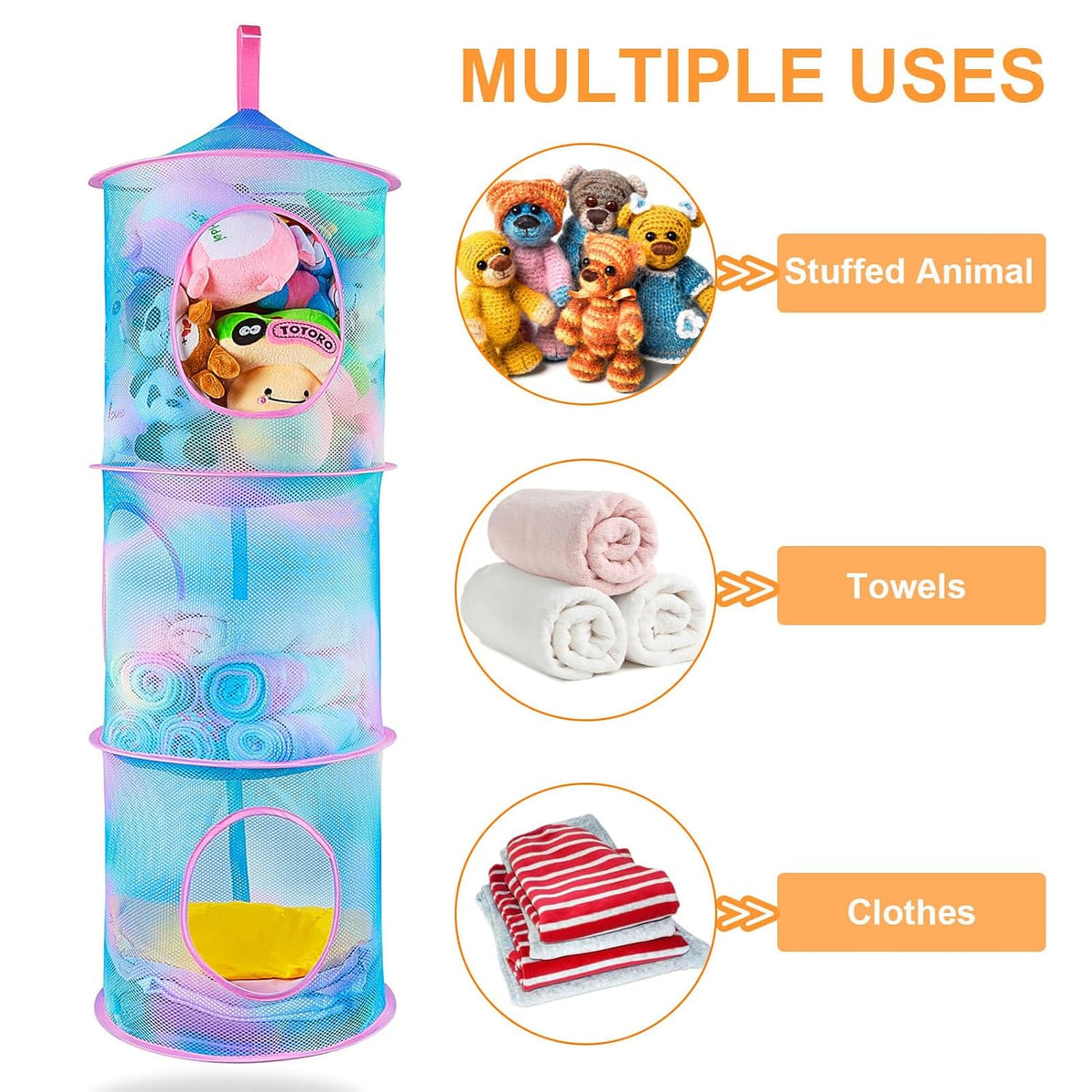 Hanging Stuffed Animals Storage, 2 Pack Mesh Plush Storage, 3-Tier