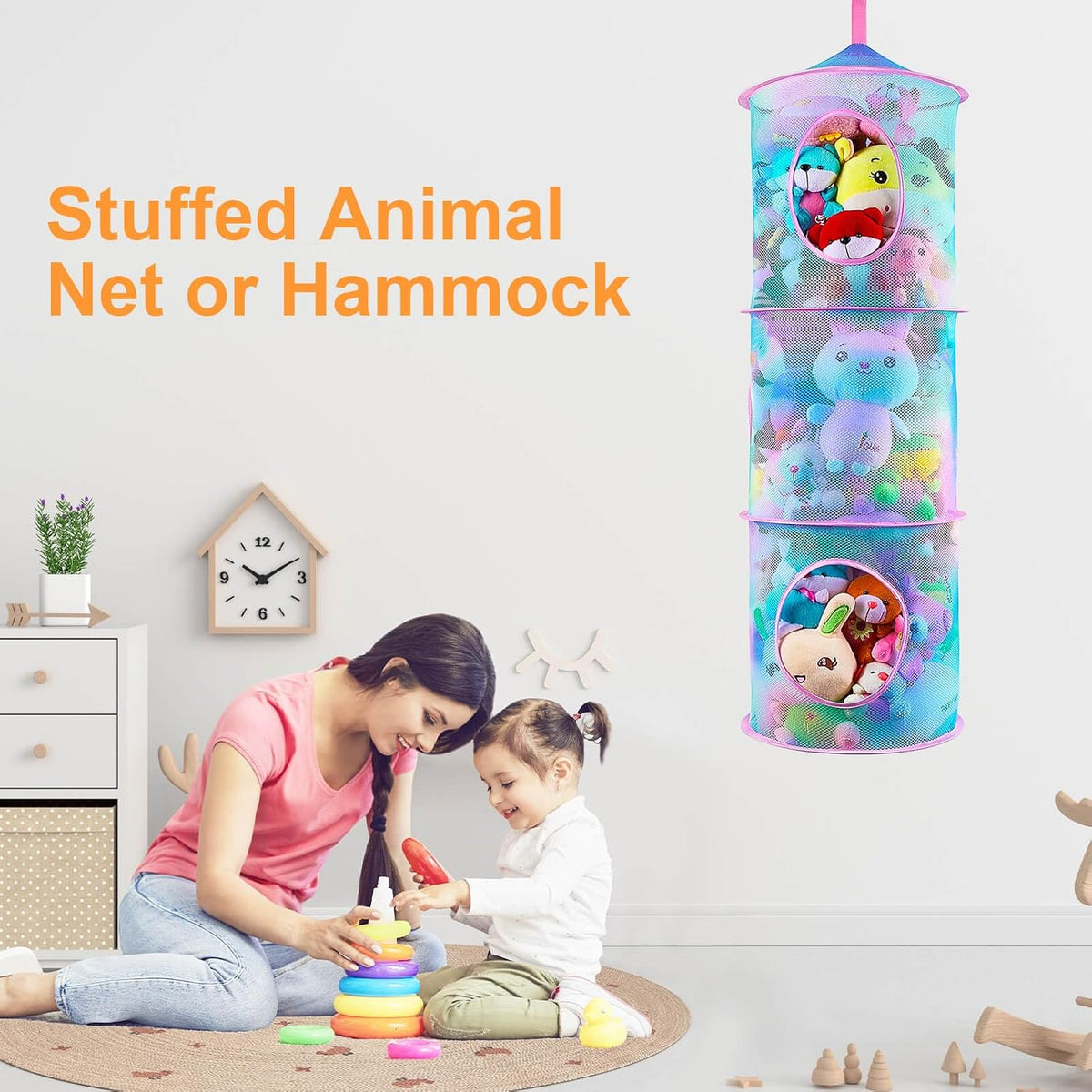 Hanging Stuffed Animals Storage, 2 Pack Mesh Plush Storage, 3-Tier