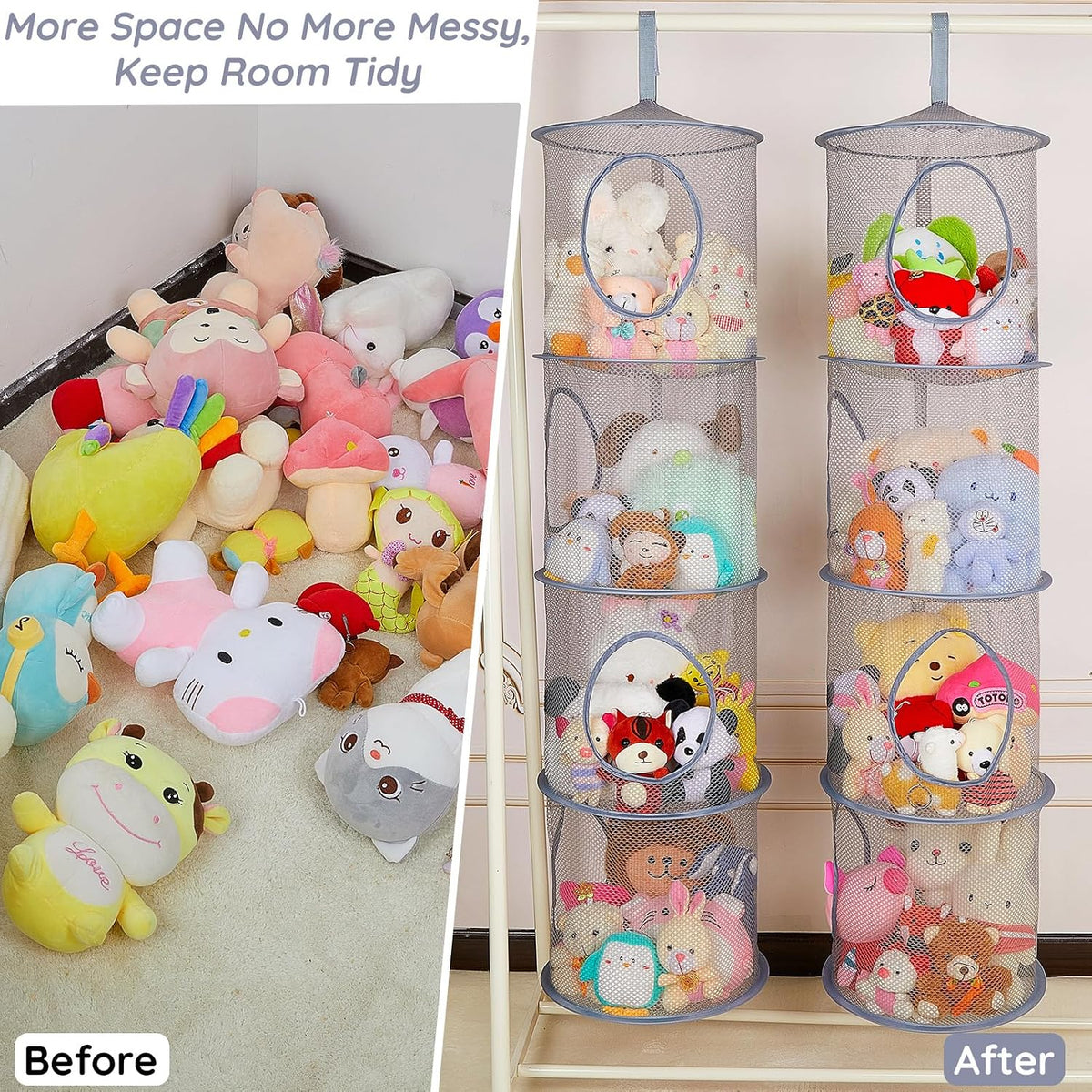 Hanging Stuffed Animals Storage, 2 Pack Mesh Plush Storage, 3-Tier