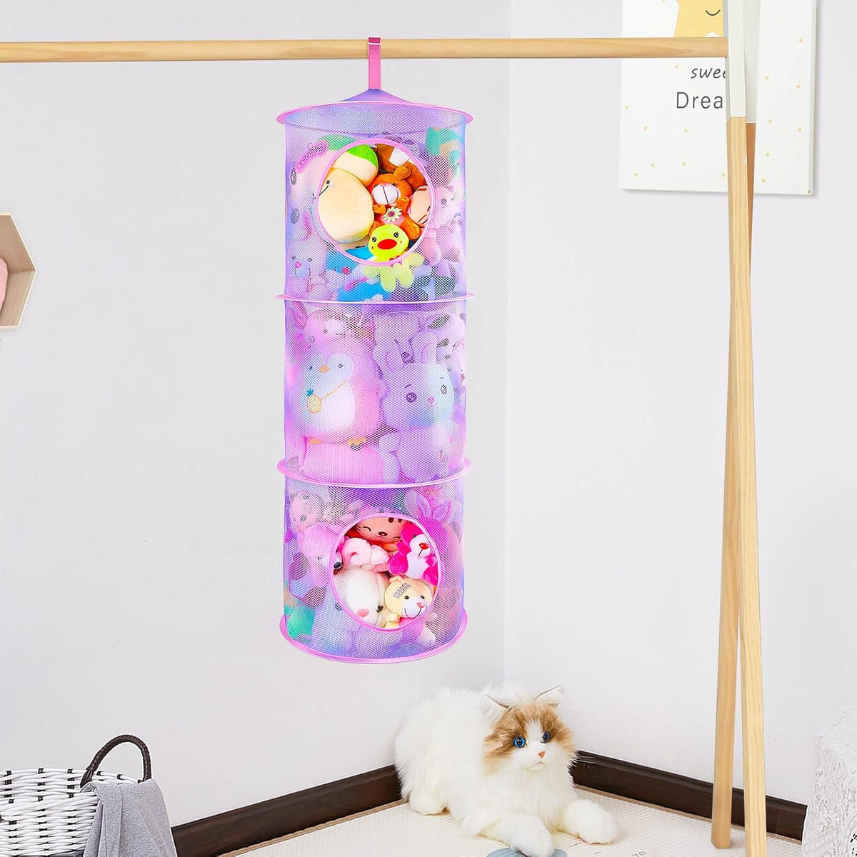 Hanging Stuffed Animals Storage, 2 Pack Mesh Plush Storage, 3-Tier