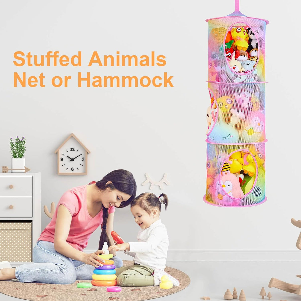 Hanging Stuffed Animals Storage, 2 Pack Mesh Plush Storage, 3-Tier