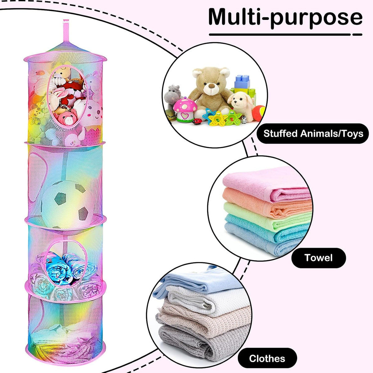 Hanging Stuffed Animals Storage, 2 Pack Mesh Plush Storage, 3-Tier