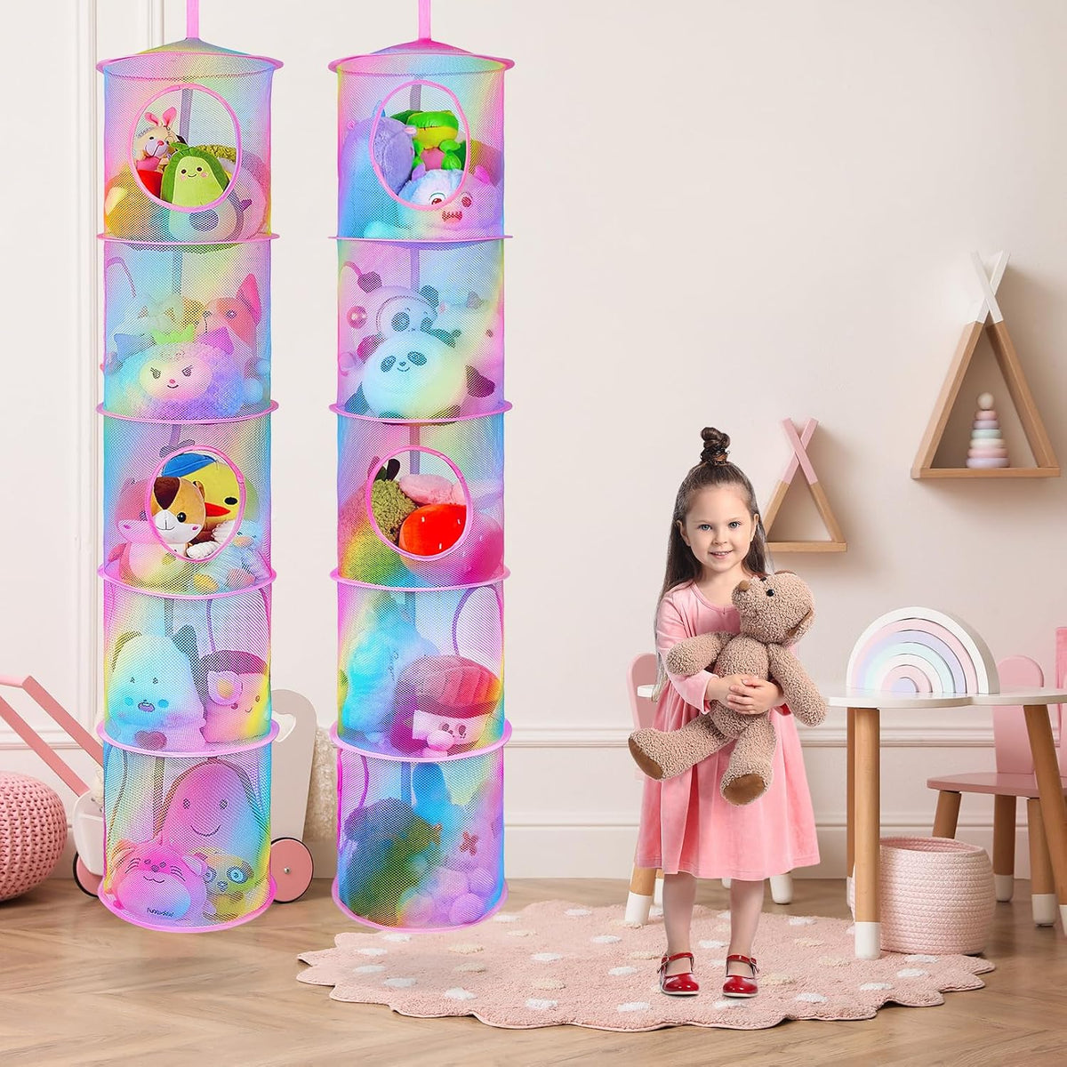 Hanging Stuffed Animals Storage, 2 Pack Mesh Plush Storage, 3-Tier