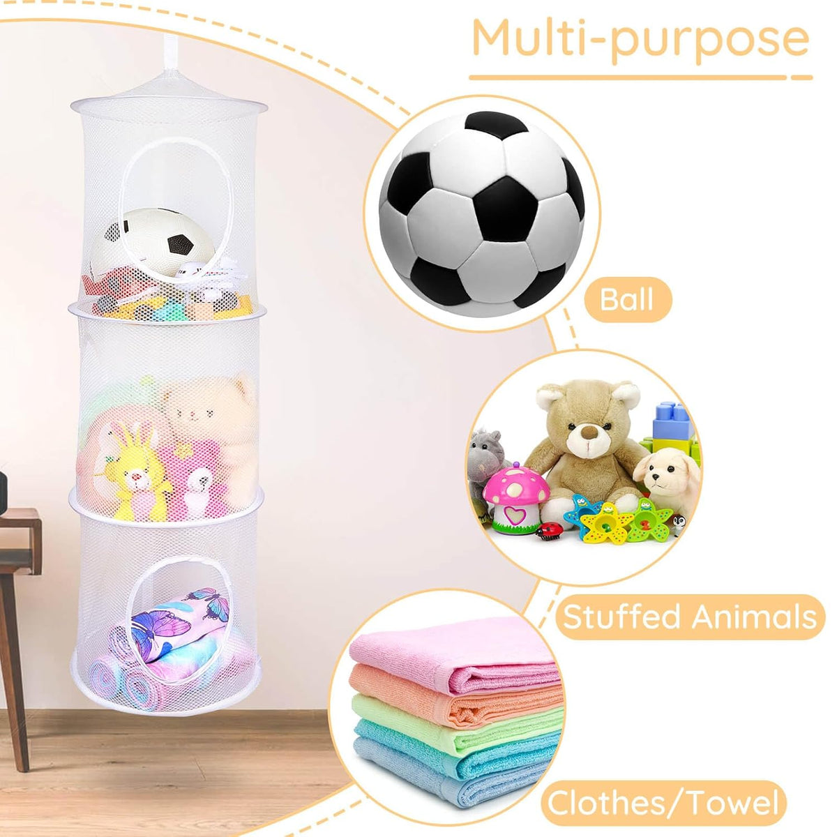 Hanging Stuffed Animals Storage, 2 Pack Mesh Plush Storage, 3-Tier