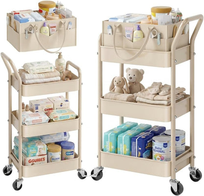 3 Tier Baby Diaper Caddy Organizer Cart with Detachable Dividers and Wheels