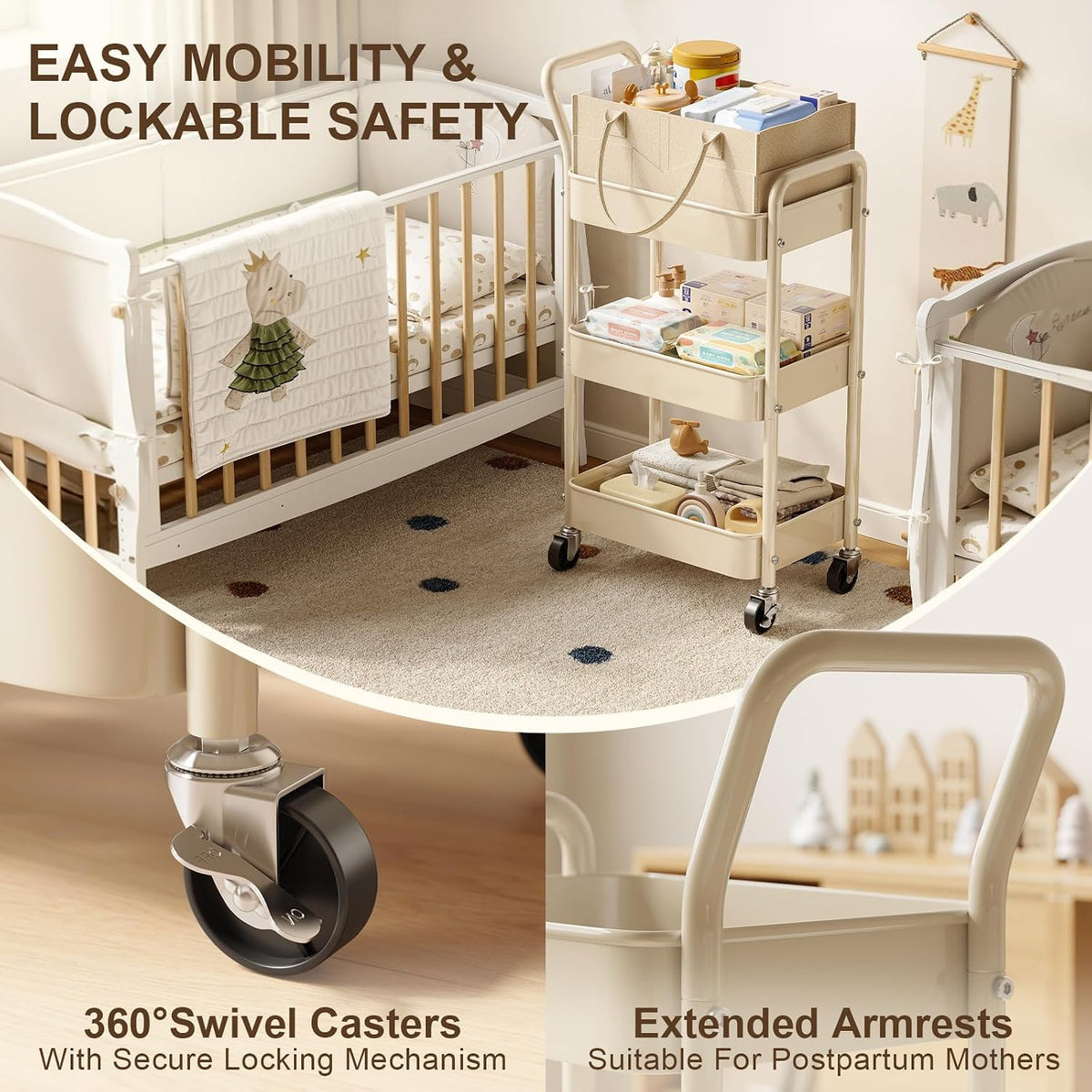 3 Tier Baby Diaper Caddy Organizer Cart with Detachable Dividers and Wheels
