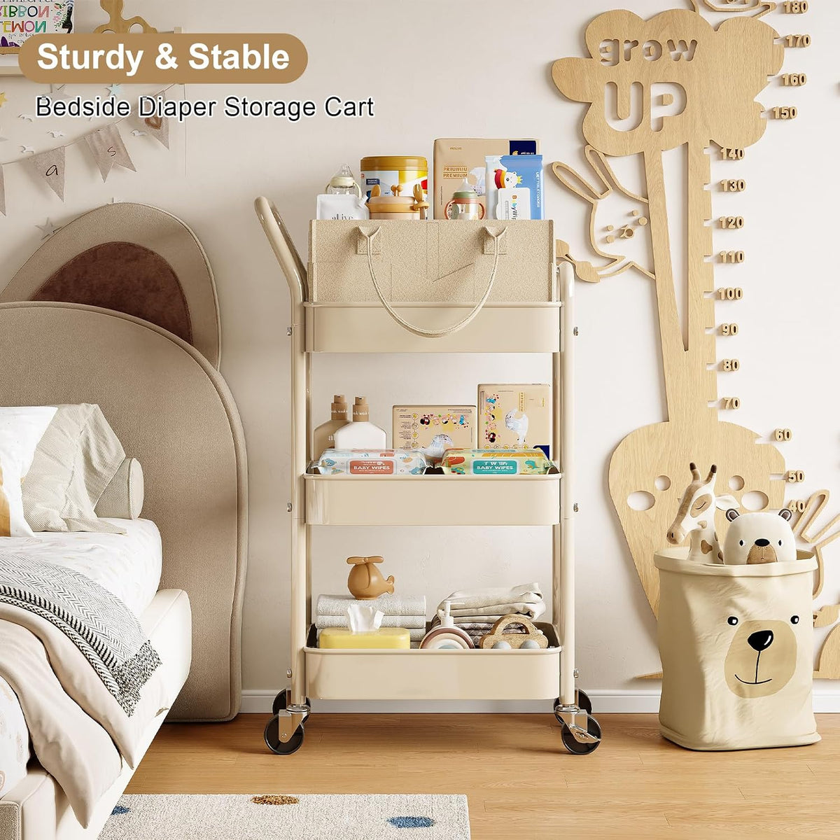 3 Tier Baby Diaper Caddy Organizer Cart with Detachable Dividers and Wheels