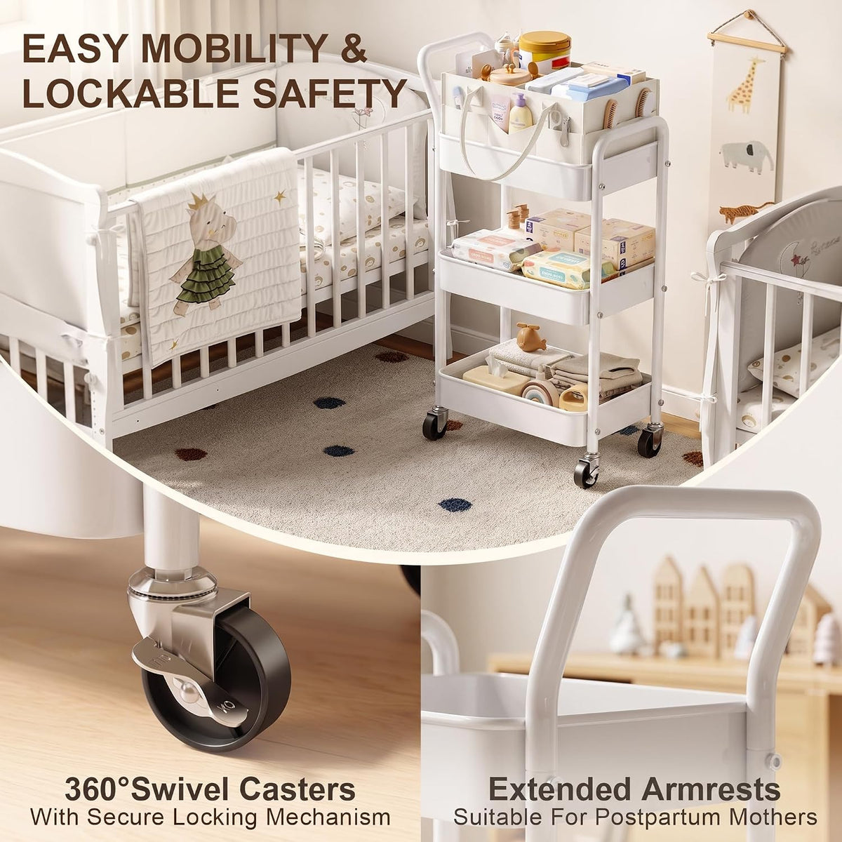 3 Tier Baby Diaper Caddy Organizer Cart with Detachable Dividers and Wheels