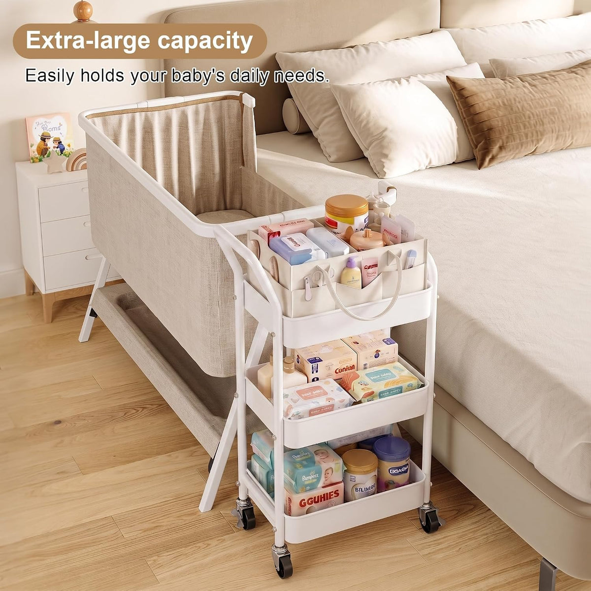 3 Tier Baby Diaper Caddy Organizer Cart with Detachable Dividers and Wheels