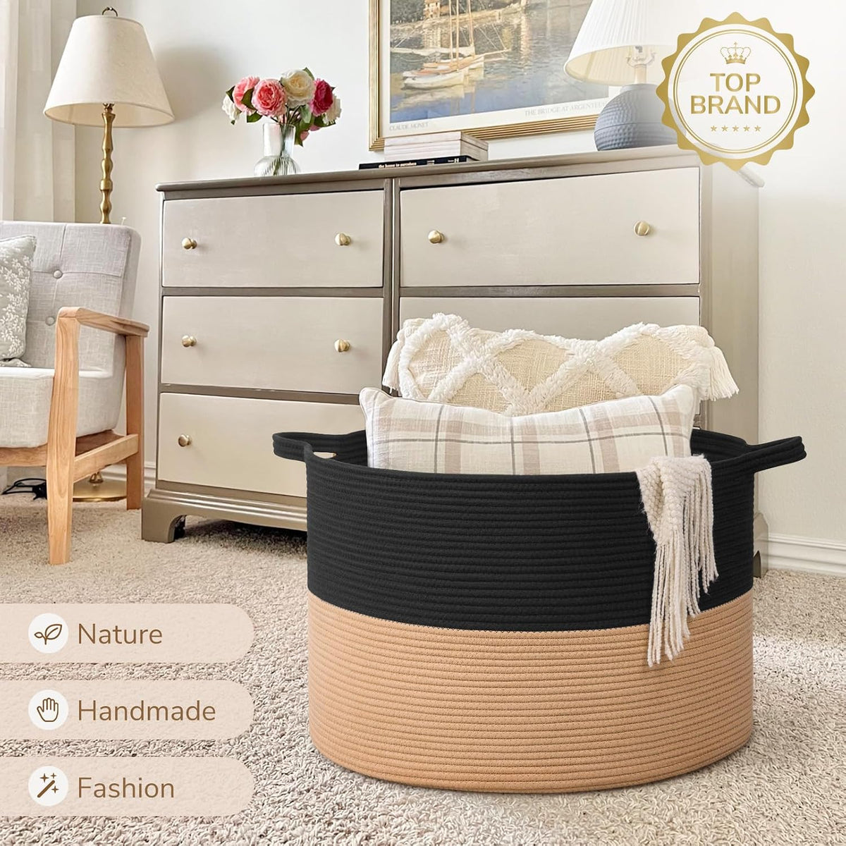 XXXLarge Woven Rope Blanket Basket Living Room Pink, 90L