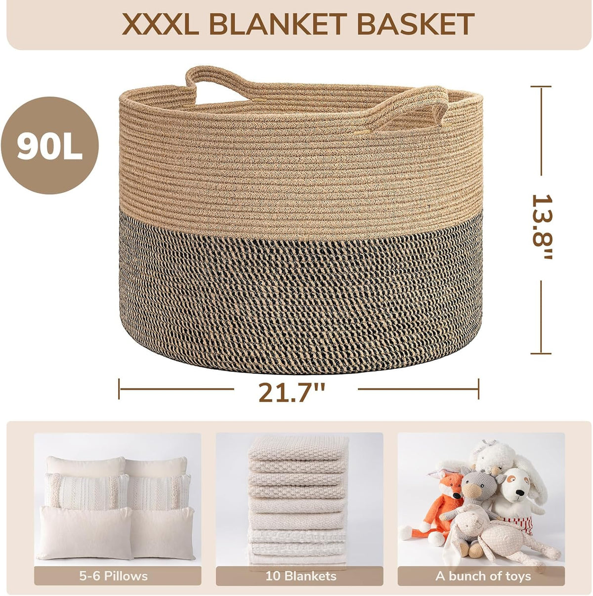 XXXLarge Woven Rope Blanket Basket Living Room Pink, 90L