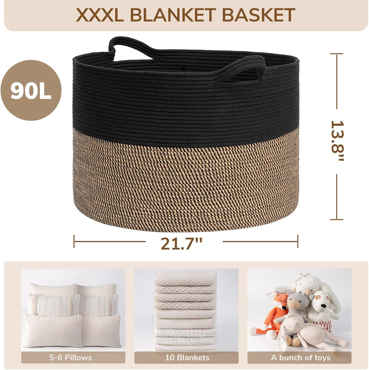 XXXLarge Woven Rope Blanket Basket Living Room Pink, 90L