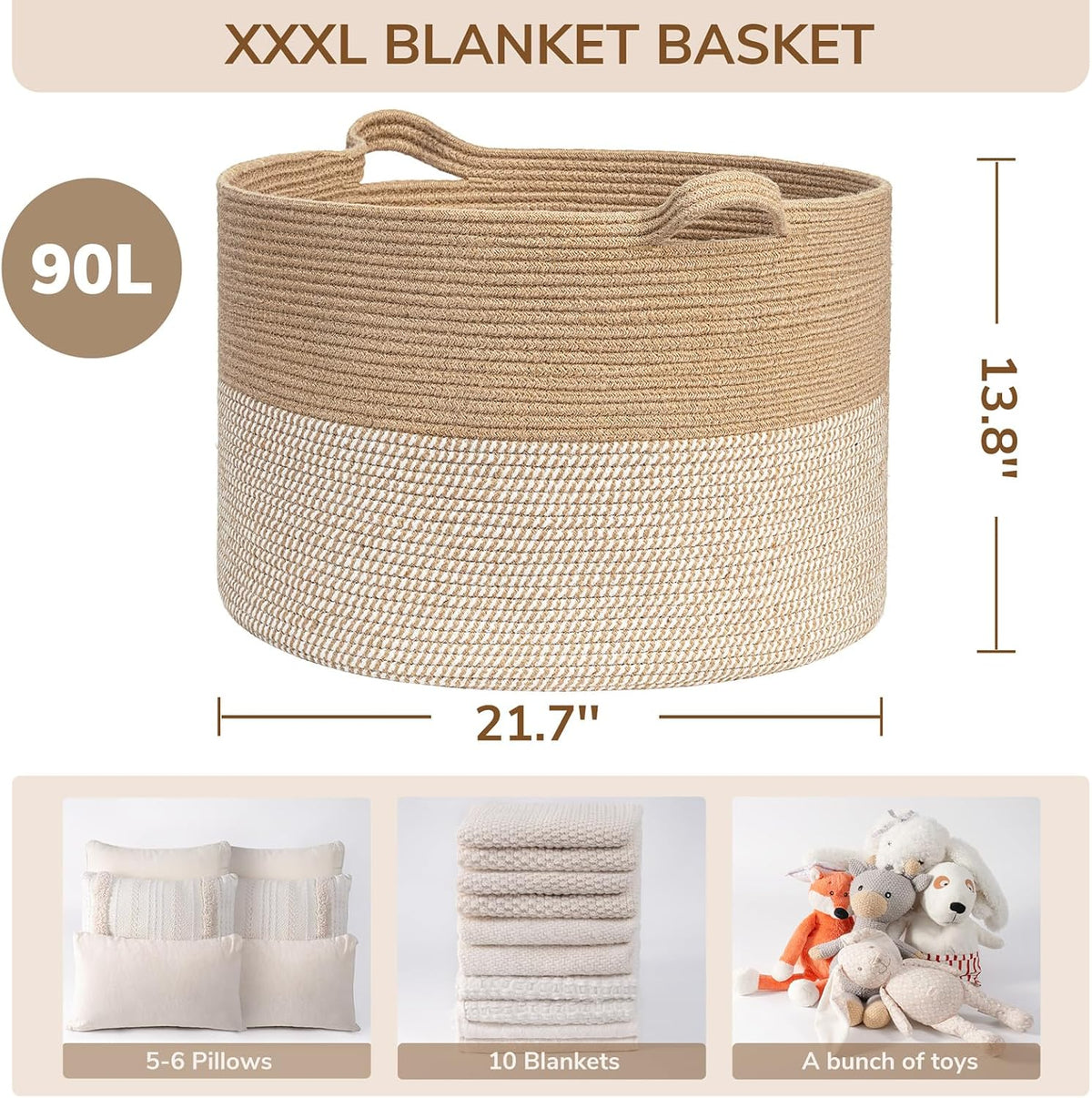 XXXLarge Woven Rope Blanket Basket Living Room Pink, 90L