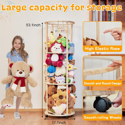 54" Stuffed Animal Storage, Large Toy Organizer with Lockable Wheels