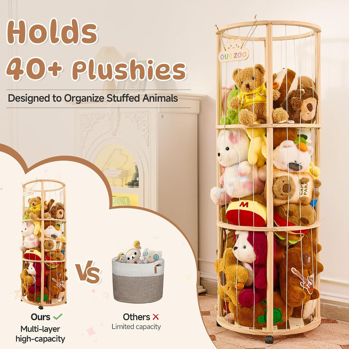 54" Stuffed Animal Storage, Large Toy Organizer with Lockable Wheels
