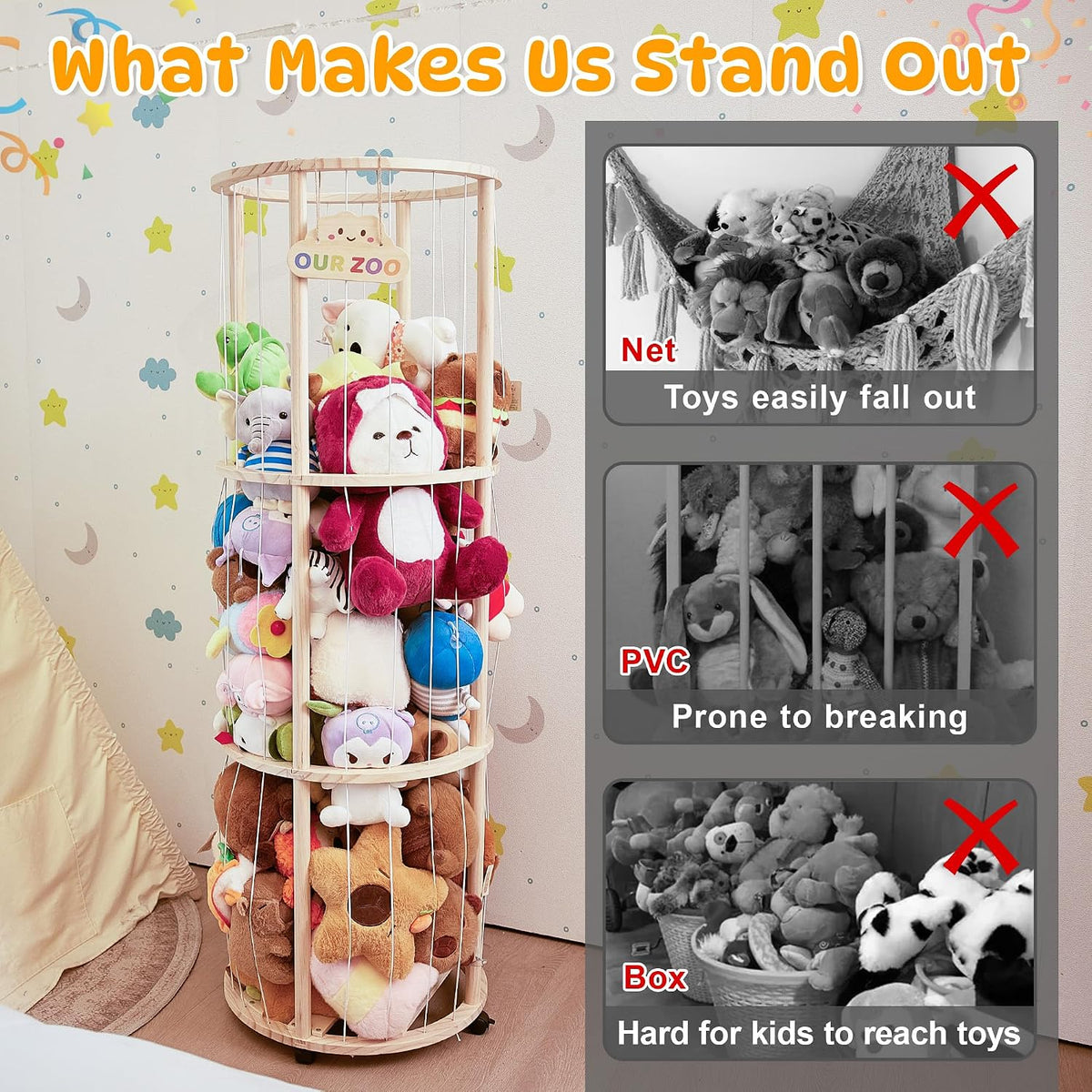54" Stuffed Animal Storage, Large Toy Organizer with Lockable Wheels