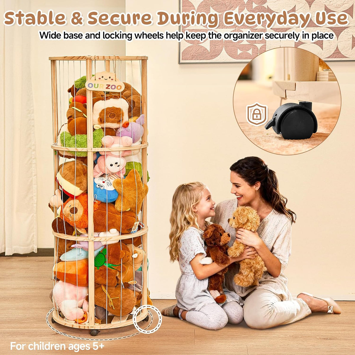 54" Stuffed Animal Storage, Large Toy Organizer with Lockable Wheels