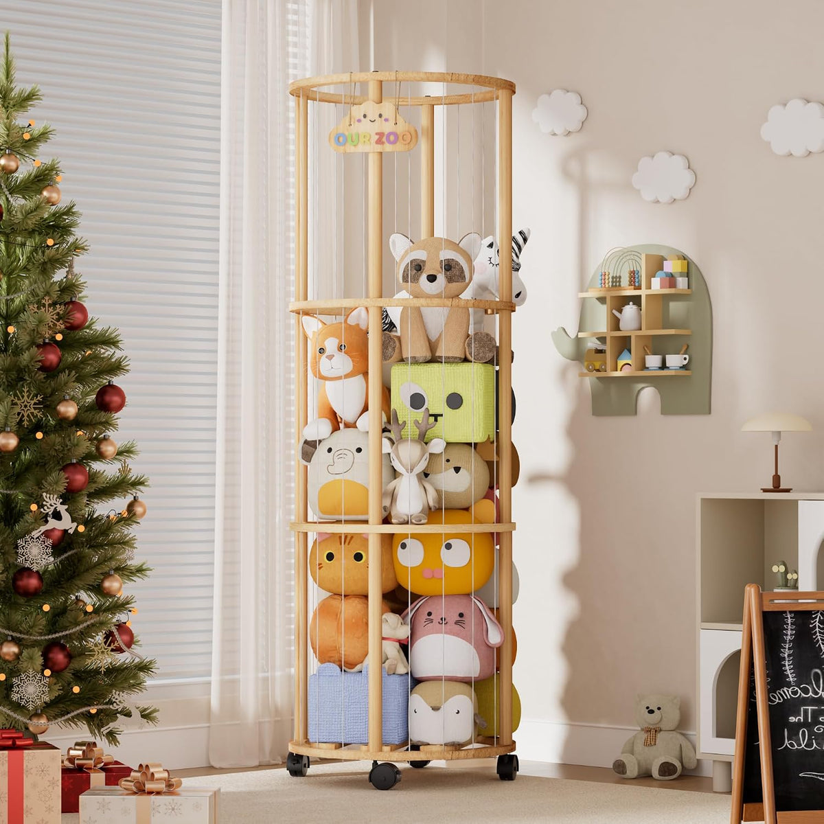 54" Stuffed Animal Storage, Large Toy Organizer with Lockable Wheels
