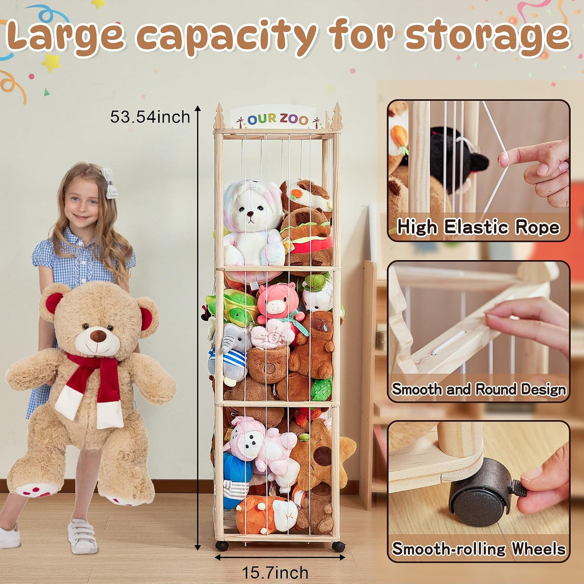 54" Stuffed Animal Storage, Large Toy Organizer with Lockable Wheels